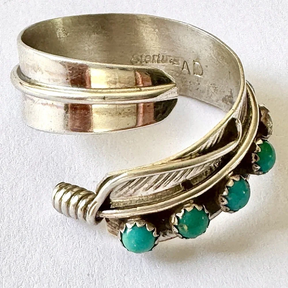 Navajo Turquoise Wrap Ring Feather‎ Sz 6 Adjustable Bypass Sterling Signed AD